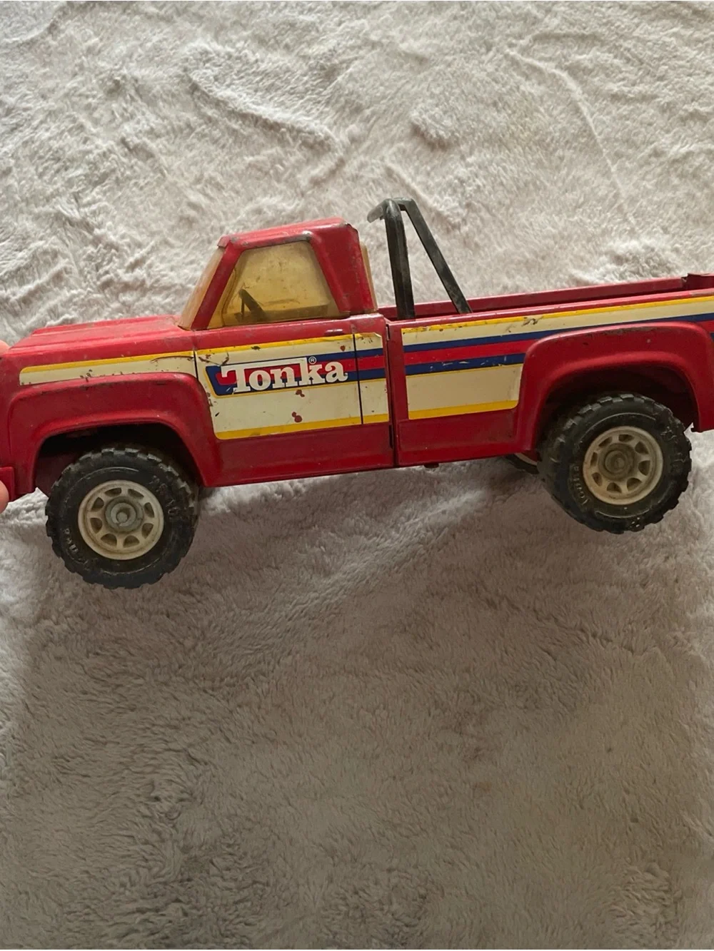 1970’s Tonka Red Pickup Truck with Yellow & Blue Stripe Accents